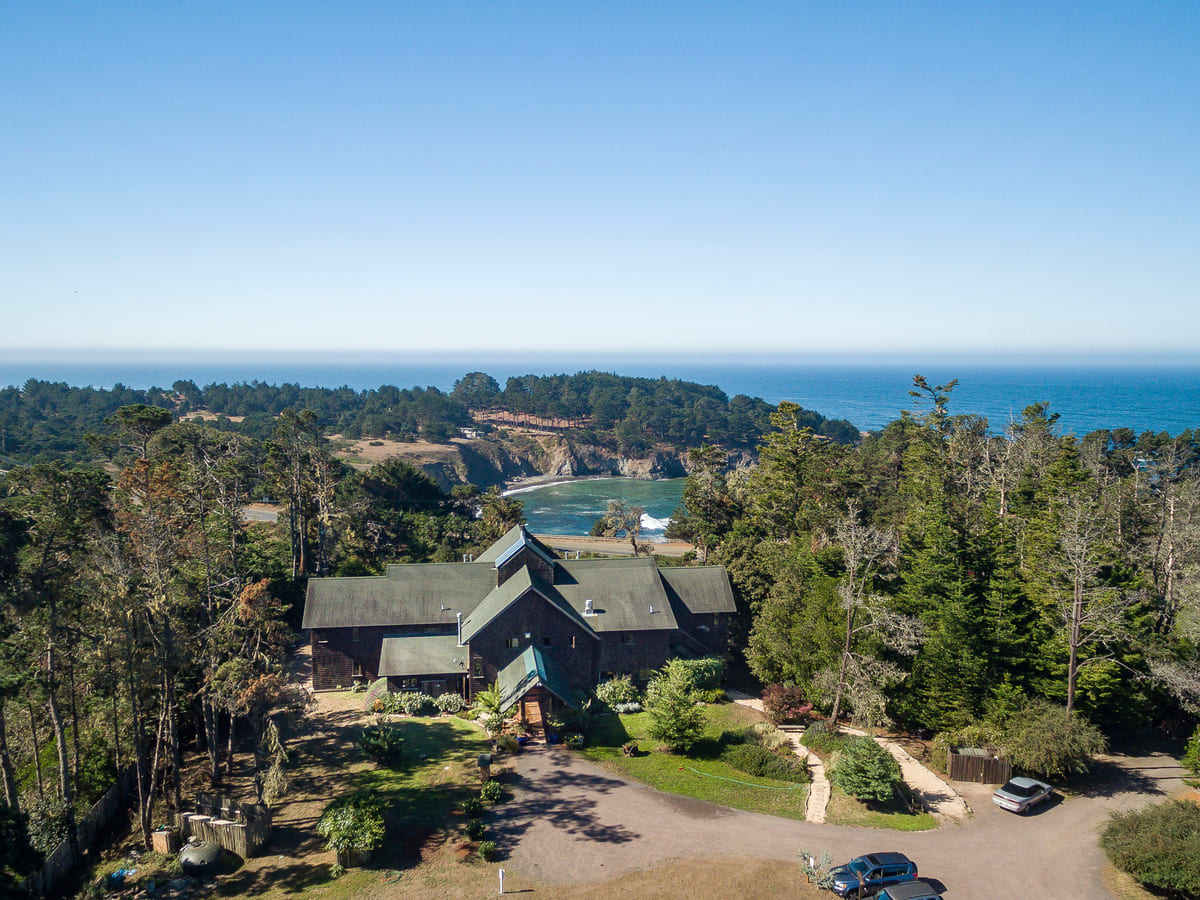 Aerial view of Brewery Gulch Inn above the Pacific